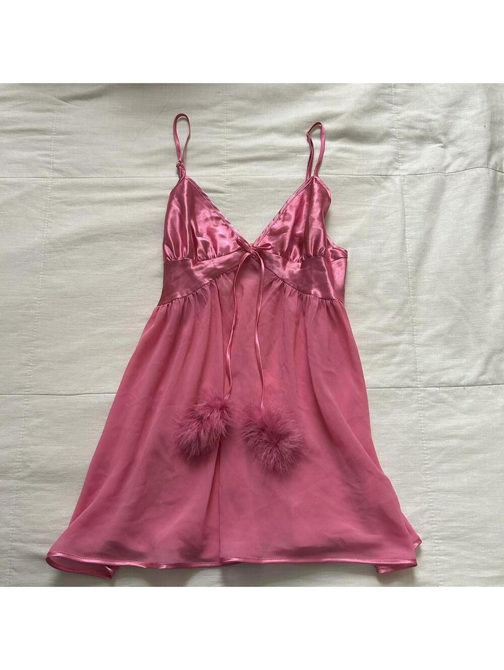 Y2K Pink satin and sheer mesh babydoll slip top with feather pom poms